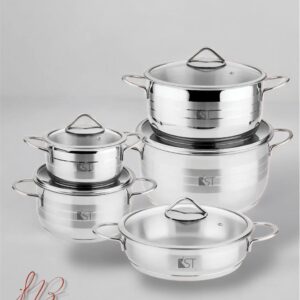 سرویس قابلمه استیل ۱۰ پارچه کی اس تی کد ۵۰۱۰ (استیل ۱۸/۱۰) با درب پیرکس